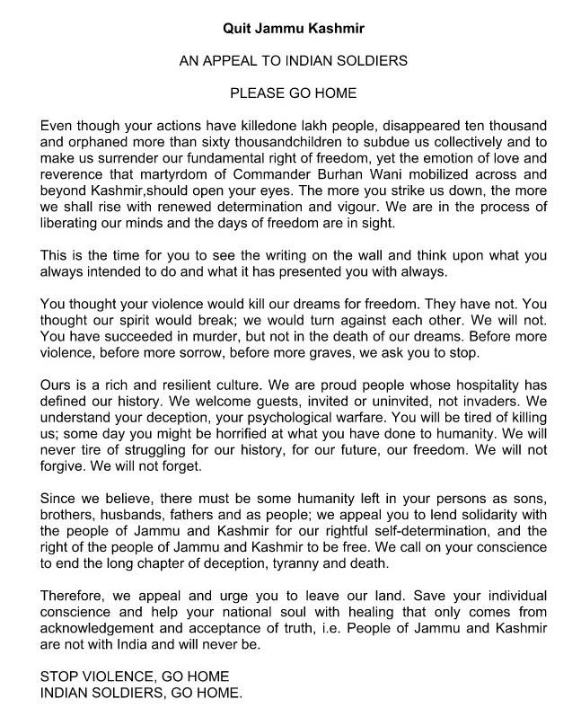 Chairman APHC Syed Ali Geelani letter